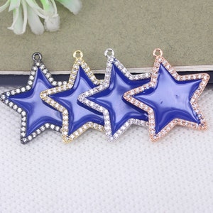 10pcs Metal Copper Dark Blue Enamel Star Pendant Beads Paved Cubic Zirconia,Micro Pave CZ Star pendant beads For Jewelry Necklace Making