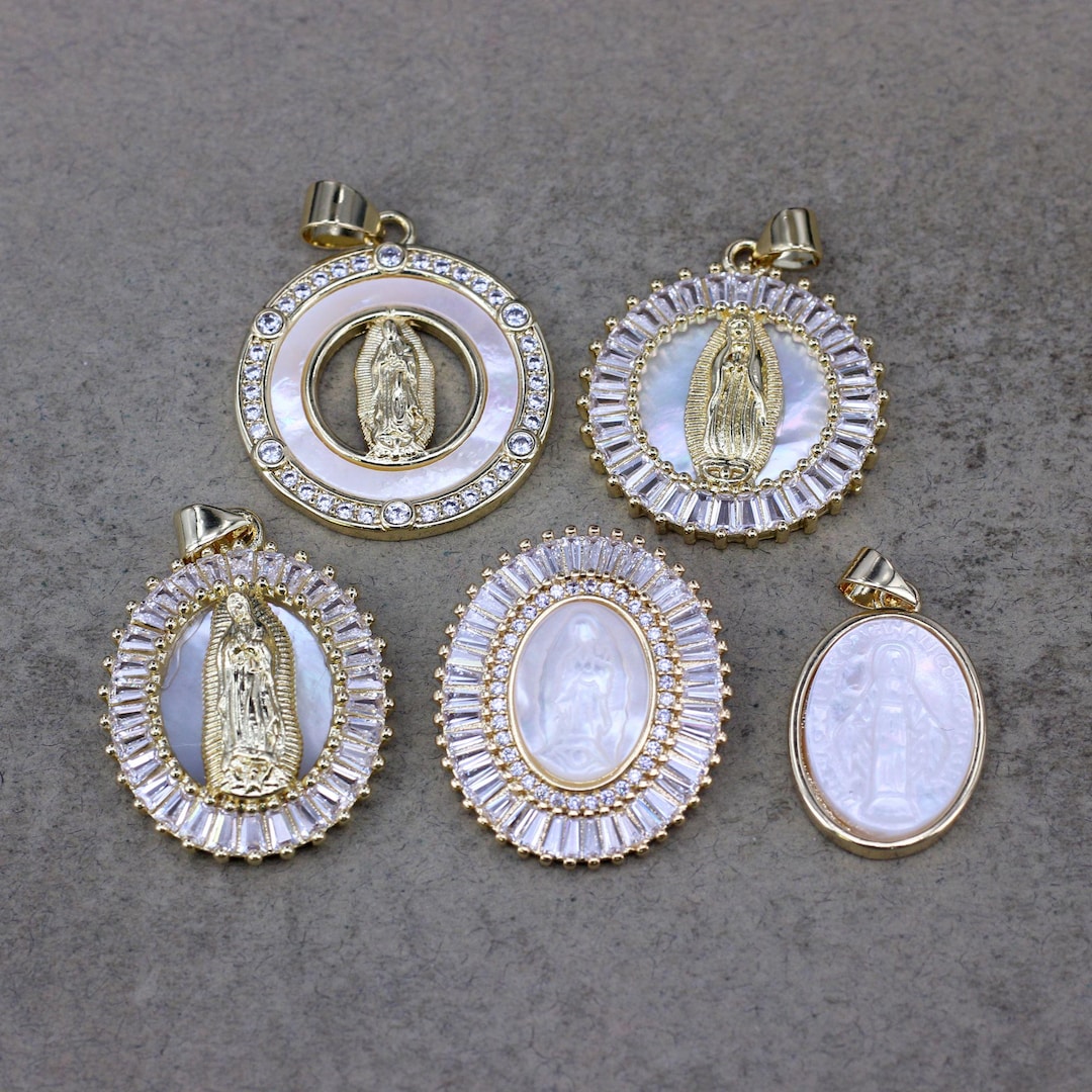Virgin Mary Shell 5pcs Dainty White Shell Virgin Mary Paved CZ Pendant, 18K Gold Plated ...