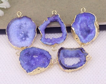 5pcs Freedom Natural Druzy Geode Agate Slice Connectors in Purple Color, Gold Plated Geode Agate Charm For Making Jewelry