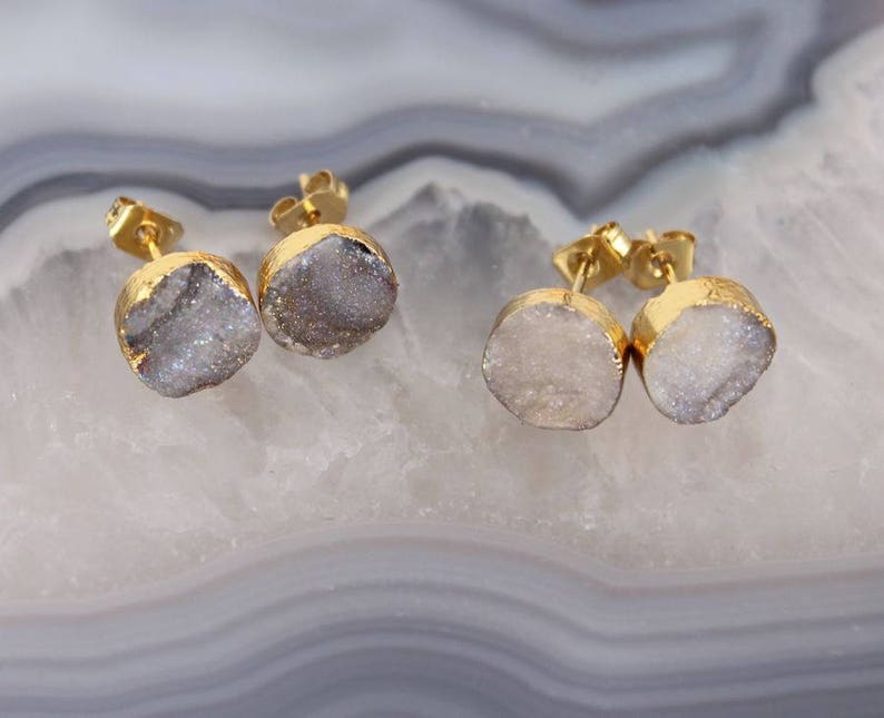 5 Pairs 9mm Natural Druzy Sun Agate Stud Earrings,Fashion Druzy Gemstone Stud Earrings,Gold Plated Druzy Earrings