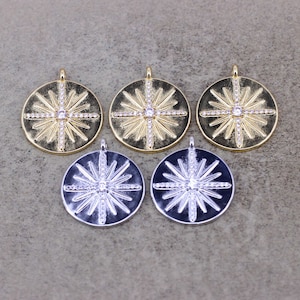 10pcs Dainty North Star Coin Medallion Pendant, Real Gold Plated Starburst Pendant, Micro Pave CZ Star Round Charm For Jewelry Making,20mm