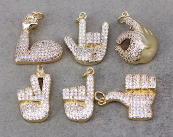 10pcs Real 18K Gold Plated Micro Pave CZ Hand Gesture PendantS, Cubic Zirconia Sign Language Pendants,  For Jewelry Making