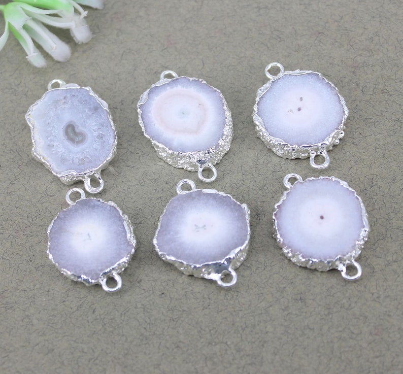 5pcs Natural Agate Slice Connectors,Silver Metal Natural Sun Flower Agate Connectors Beads For Making Jewelry