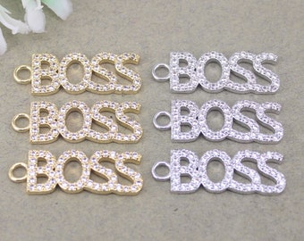 10pcs Micro Pave CZ Word Boss Charms, Word Charms, Boss Letter Charms, Word Tag Charms, Cubic Zirconia Boss Charms per la creazione di gioielli