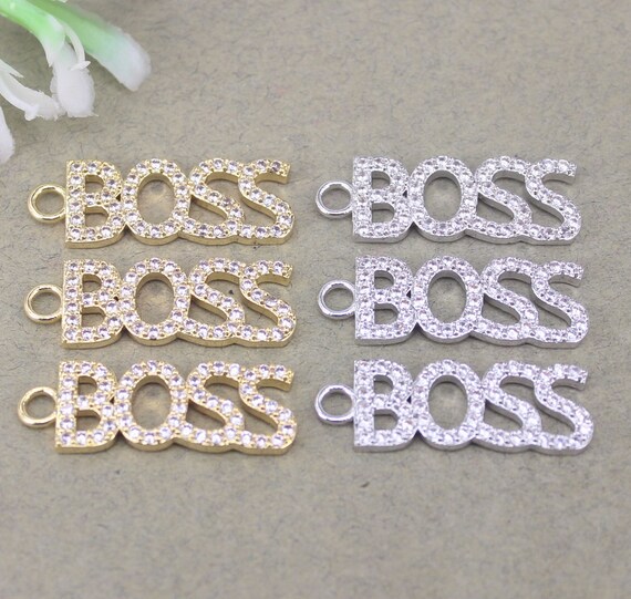 10pcs Micro Pave CZ Word Boss Charms, Word Charms, Boss Letter