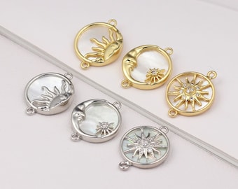 10pcs Sunburst / Sun / Moon Star Charm Connector with Mother of Pearl Backing, Gold / Silver Coin Link Connector for Jewelry Making,15mm