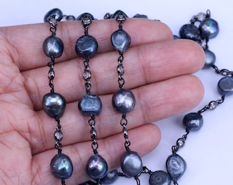 Black Plated Freshwater Pearl With CZ Beaded Links Chains for Jewelry making