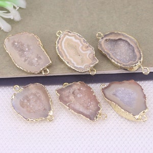 5pcs Natural Druzy Geode Agate Slice Connectors beads in champagne Color For Making Jewelry