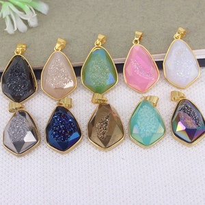 5pcs Titanium Agate Quartz Drop Pendants, Gold Plated Gemstone Druzy Pendant for Jewelry Making