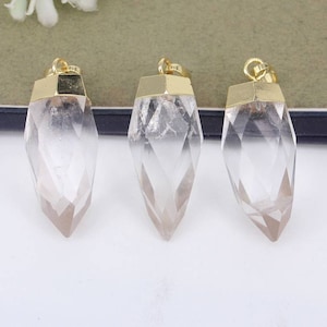 5pcs Gold Plated Natural Faceted Fluorite & Clear Quartz Point Pendants, Bullet Spike Pendants for Jewelry Making