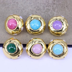 5pcs Gold Plated Round Candy Color Agate Beads with Natural Pearl Beads Paved, Large Round Beads for Jewelry Making