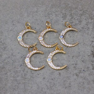 10pcs Gold Plated Thin Paved CZ Opal Crescent Charm,CZ Moon Charm, Add-on Charm,3x14mm