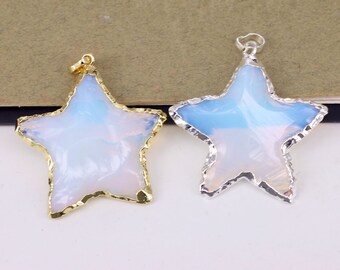 3pcs Opalite Carved Star Pendants, Healing Crystal Stone Pendants, Hand Craft Opalite Star Pendants, Opal Star Pendants For Making Jewelry