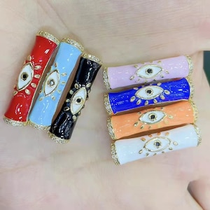 10pcs Enamel Curved Tube Connector Beads Paved Evil Eye,Enamel Evil Eye Tube Connector Beads with CZ For Bracelet Jewelry Making