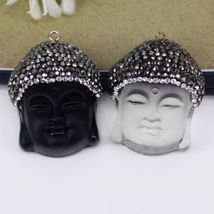 5pcs Black White Quartz Crystal Buddha Head Pendant with Black Rhinestone,Buddhism Jewelry,DIY Jewelry Supplies