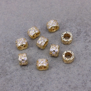 30pcs 18K Gold Color Micro Pave CZ Big Hole Spacer Beads,CZ Drum Spacer Big Hole Beads For Jewelry Making