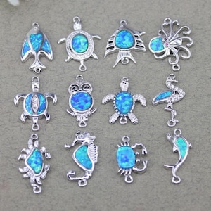 5pcs Piccola dimensione scuro Argento placcato animale tartaruga Owl Crab pesce di mare Pesce di mare Connettori connettori con Opale Blu Per fare Gioielli