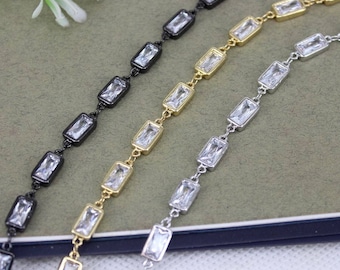 1/3/5 Meter Cubic Zirconia Brass Chain,Wire Wrapped CZ Chain,Rectangle Beaded Chain,For Jewelry Making