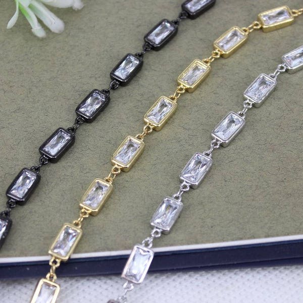 1/3/5 Meter Cubic Zirconia Brass Chain,Wire Wrapped CZ Chain,Rectangle Beaded Chain,For Jewelry Making