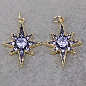 10pcs 18K Shiny Gold Micro Pave CZ Star Necklace Pendant, North Star Pendant, Celestial Charm Star Pendant For Jewelry Making 22*29mm