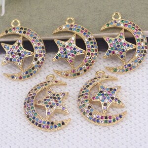10pcs Gold Metal Copper Micro Pave CZ Moon Stars pendant beads For Jewelry Making