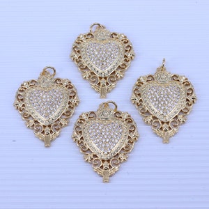 10pcs Dainty Micropavé CZ Sacred Heart of Jesus Pendant, Real 18K Gold Plated Flaming Heart Pendant For Jewelry Making,25x30mm
