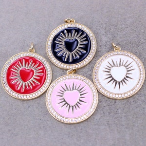 10pcs Enamel Heart Pendant, Love Pendant, Gold Filled Micro Paved CZ Circle Pendant, Heart Burst Pendant For Necklaces Jewelry Making