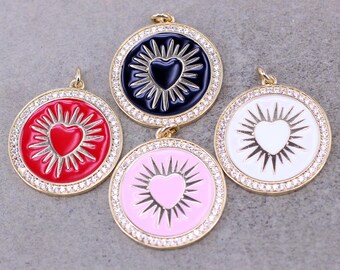 10pcs Enamel Heart Pendant, Love Pendant, Gold Filled Micro Paved CZ Circle Pendant, Heart Burst Pendant For Necklaces Jewelry Making