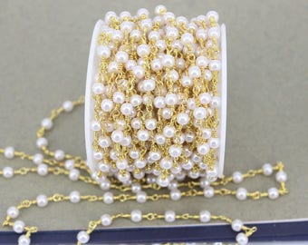 1/3/5 Meter 4mm Pearl Style Beaded Chain,Gold Plated Wire Wrapped Beaded Chain for jewelry making