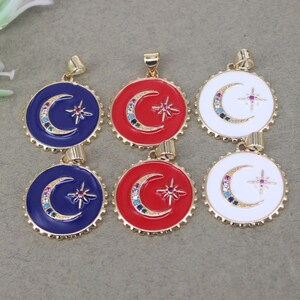 10pcs Gold Filled Micro Paved CZ Moon Star Pendants, Enamel Crescent Moon Pendants, Enamel Round Pendants For Jewelry Making