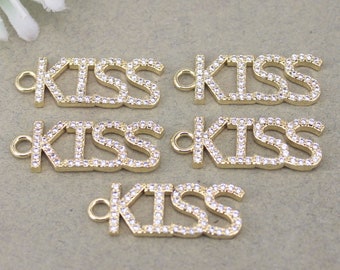10pcs Gold Plated Micro Pave White CZ KISS Word Charms, Lover Girl Charm For Jewelry Making