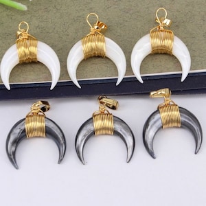 10pcs Small Size Shell Crescent Moon Charm with Gold Wire Wrapped, Mother of Pearl Double Horn Charm, Add-on Charm for Jewelry Making