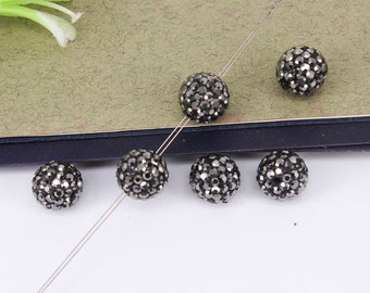 50pcs 10mm Round Beads, Black Crystal Rhinestone Paved Disco Ball Beads, Pave Round Ball Beads For Jewelry Making