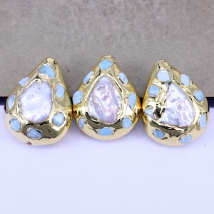 5pcs Gold Plated Teardrop Beads with Natural White Baroque Pearl and Larimar Stones Paved, Natural Freshwater Pearl For Jewelry Making