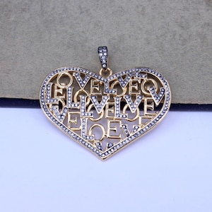 3 Stück große 18K Gold & schwarz überzogene gepflasterte CZ Herz mit LOVE Brief Halsketten-Anhänger für Schmuckherstellung, 34 x 47 mm