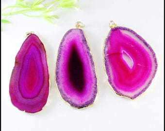3pcs Druzy Agate Slice Pendant,Gold tone Nature Druzy Drusy Crystal Agate Pendant in Rose Red color for charm necklace Jewelry findings
