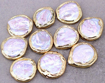 5pcs Gold Plated Edge Coin Pearl Beads, Flat Round Natural Freshwater Pearl Beads For Jewelry making