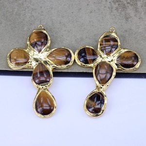 Hand Soldered Natural Tiger Eye Cross Pendants, Gold Electroplated Cross Pendants,Tiger Eye Pendant for Jewelry Making