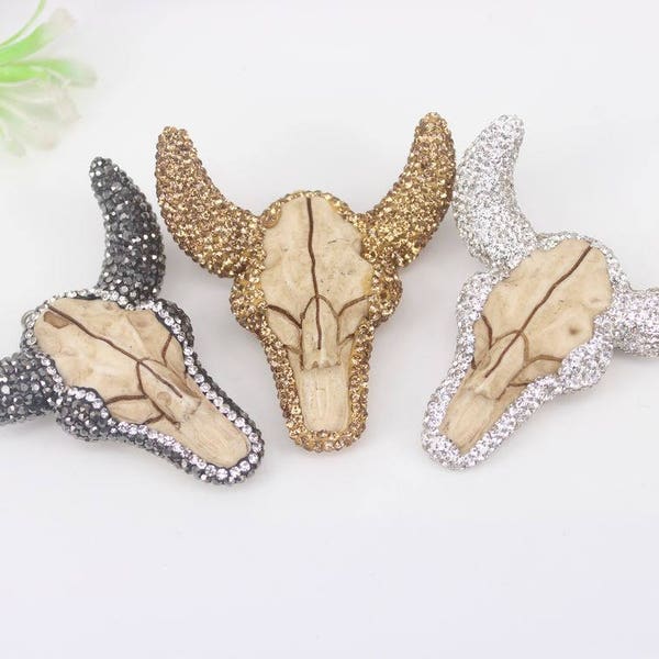3pcs Fashion Resin Bull Head Pendant with Rhinestone Paved, Cow Head Pendant For Jewelry Making