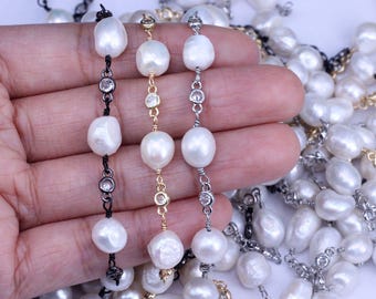 Natural Freshwater Pearl Beaded Chain, Freshwater Pearl With CZ Beaded Links Chains for Jewelry making