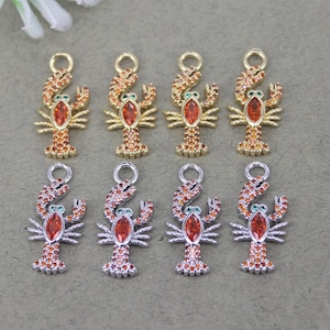 10 unids moda oro oro cobre micro pave rosa CZ langosta colgante perlas, CZ encantos de camarón para la fabricación de joyas