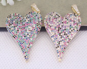 3 stks gold filled micro effenen veelkleurige CZ hart hangers, liefde hart hangers, groot hart hangers voor sieraden maken, 29*41 mm