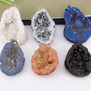 5pcs Titanium AB Quartz Crystal Geode Druzy Pendant Beads,Druzy Drusy Gemstone Pendant for Jewelry Making