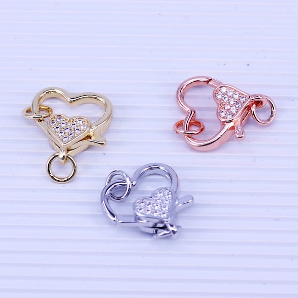 5pcs Double Faces Micro Pave CZ Amour Coeur Fermoir Homard, Coeur Griffe Fermoirs, Fermoir En Laiton, Coeur Trigger Fermoir, Amour Fermoir pour La Fabrication De Bijoux