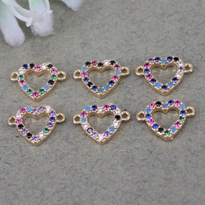 10pcs Small Size Metal Copper Micro Pave Colorful CZ Heart Connector Beads For Jewelry Making