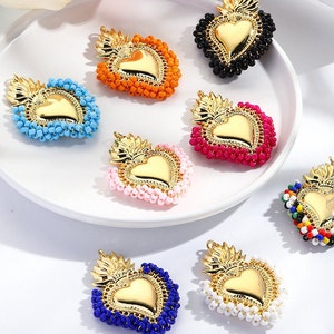 5pcs Dainty Gold Sacred Heart of Jesus Pendant with Glass Seed Beads Twisted Around, Flaming Heart Pendant For Jewelry Making