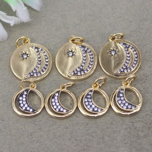 10pcs Real 18K Gold Plated Micro Pave CZ Moon Star Charms, CZ Moon Charms, Moon Star Coin Charm, Crescent Moon Charm For DIY Jewelry Making