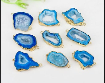 5pcs Gold Plated Edged Agate Slice Connectors in Blue Color, Natural Druzy Agate Geode Connector For Jewelry Bracelets Earrings Making