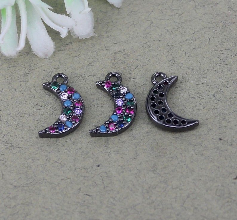 10-20pcs Micro Pave CZ Crescent Pendant,Black Metal Copper CZ Horn Charms For Jewelry Making