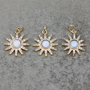 5 / 10pcs Dainty Opal Starburst Charm, Micro Pave CZ Sunburst Pendant,Opals Pendant,18K Gold Filled Sun Charm For DIY Jewelry Making , 14mm